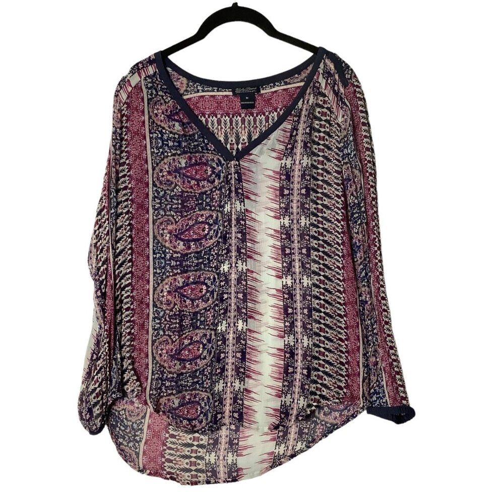 Lucky Brand Sheer Boho Paisley‎ Blouse Top Women Size Medium V-neck Long Sleeves